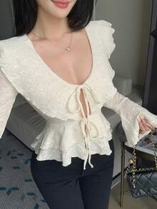 DAZY 女款白色休閒開襟襯衫，喇叭袖與荷葉邊飾，優雅蕾絲襯衫，適合夏季與秋季，婚禮與宴會長袖 - 白色 - 查看 7