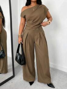 POPSWAY Plus Size Women's Fashion Design Asymmetrical One-Shoulder Top And High-Waisted Wide Leg Pants 2-Piece Set, Elegant Suit Style, Sophisticated Elegant, Summer Cool Chic Outfit - Khaki - View 8