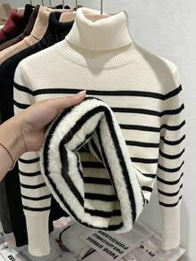 Franclia 新款女款時尚條紋抓絨內裡高領套頭毛衣，適合秋冬穿著 - 彩色 - 查看 3
