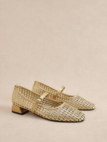 Rosivie Braided Hollow Mary Jane Block Heel Shoes - Gold - View 3
