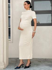 MaterniWear Women's Summer Maternity Casual Beige Short-Sleeve Slim-Fit Jacquard Knit Dress - Apricot - View 6
