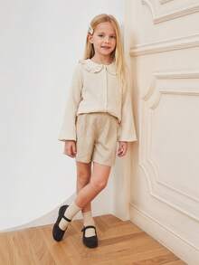 Maija Kids Maija Kids Tween 女童休闲宽松荷叶边领衬衫，柔软舒适，适合户外、居家、学校和多功能，春夏季 - 杏色 - 查看 5
