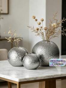 1 Pc Nordic Modern Minimalist Silver Plated Hammered Round Ball Ceramic Hydroponic Vase, Creative Desk Table Centerpiece Decor For Living Room TV Cabinet Office Home Display - 1PC - View 2