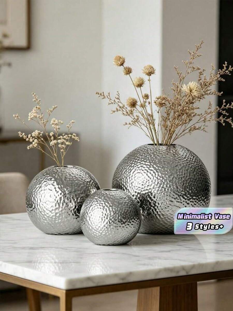1 Pc Nordic Modern Minimalist Silver Plated Hammered Round Ball Ceramic Hydroponic Vase, Creative Desk Table Centerpiece Decor For Living Room TV Cabinet Office Home Display