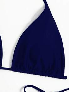 SHEIN Swim Curve 大尺碼女款夏季海灘純色掛脖綁帶性感比基尼三角褲兩件式泳衣套裝 - 藏蓝色 - 查看 4