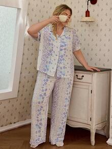 CottageSlumber Romantic Pastoral Floral & Plaid Print Plus Size Pajama Set - Multicolor - View 6