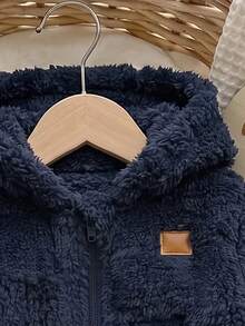 SHEIN 男嬰連帽長袖冬季外套，保暖內裡加厚 - 寶藍色 - 查看 4