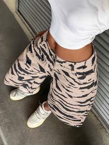 StreetHx Pantalones vaqueros de cintura baja con estampado de cebra, estilo callejero casual de moda Y2K, largo 7/8 - Caqui - Ver 1