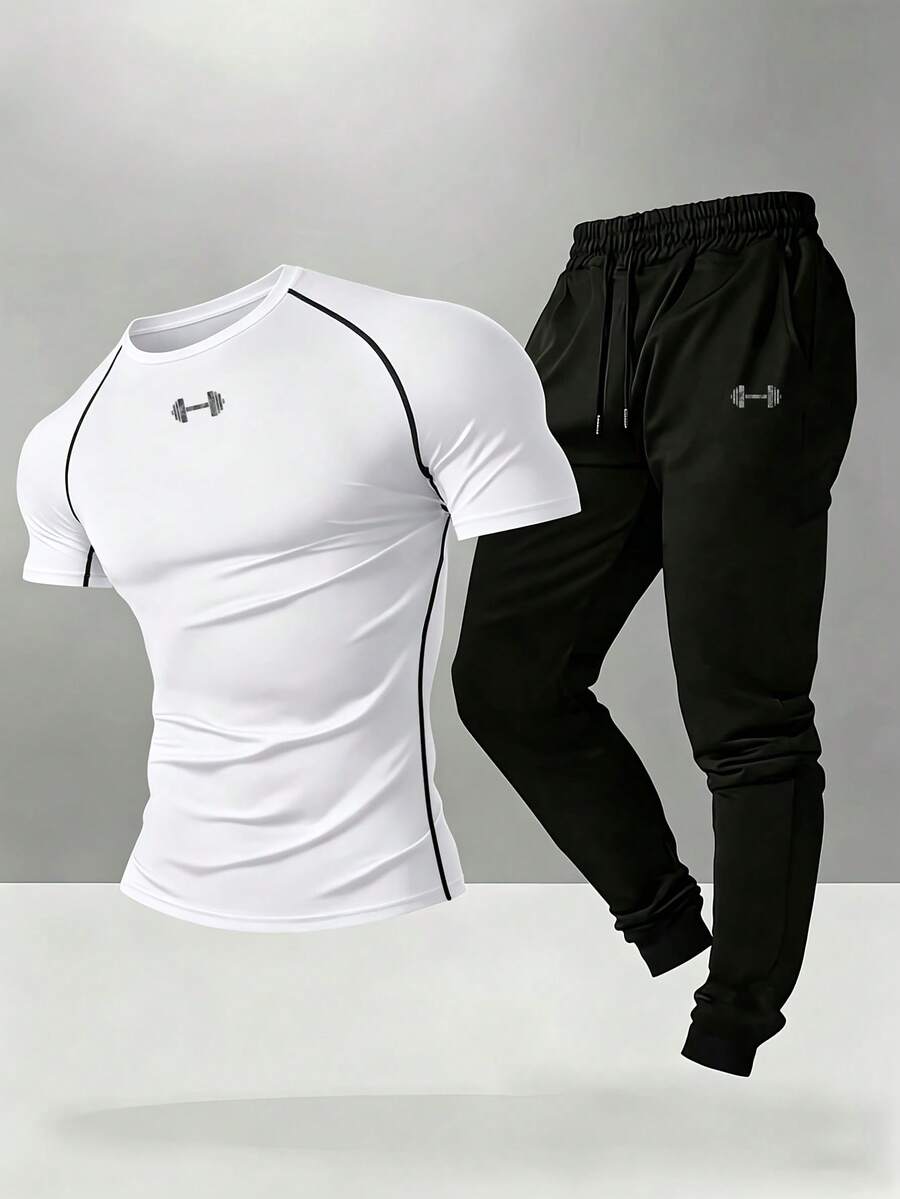 Gym Rark Conjunto deportivo de hombre con camiseta de cuello redondo de manga corta con estampado de rayas de mancuernas y pantalones largos con cintura con cordón y bolsillos - Blanco - Ver 1