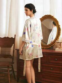 Côtesoire Conjunto de 3 piezas con top de camisola de encaje con estampado floral elegante y romántico de plantas del sur de Francia, shorts y bata de satén - Multicolor - Ver 2