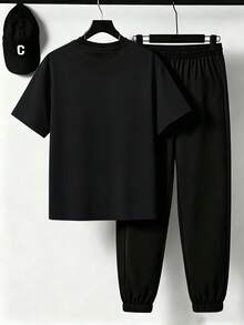 SHEIN 2件套青少年男童休闲印花圆领短袖T恤和运动裤，夏季套装 - 黑色 - 查看 2