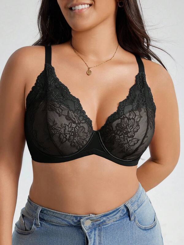 SHEIN 1pc Plus Size Full Coverage Black Lace & Mesh Underwire Bra