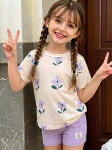 SHEIN Elladie kids 斋月 2 件女童花卉印花圆领短袖 T 恤和条纹修身裤套装，休闲甜美夏季服装 - 紫色 - 查看 3