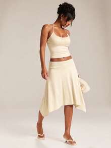SHEIN BAE Women's Solid Color Asymmetric Hem Casual Skirt - Apricot - View 6