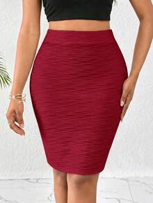 SHEIN Lady Women's Summer Elegant Solid Color Fitted Skirt Party Corporate Dark Red - Burgundy - View 5