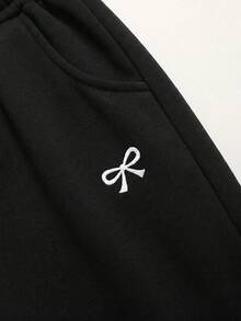 SHEIN Tween Girls Sweatpants Loose Casual Minimalist Comfortable Mid-Waist Bowknot Print Contrast Color Drawstring Decor Sweatpants Heather Gray Tween Girl - Black - View 5
