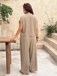 SHEIN Frenchy Plus Size Summer Casual Striped Shirt And Pants 2 Pieces Set - Khaki - View 4