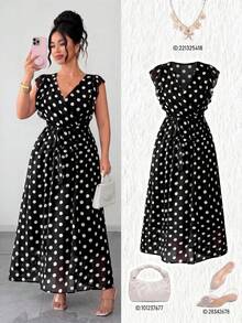 SHEIN Clasi Plus Size Elegant 1920s 1950s Vintage 70's Romantic V-Neck Polka Dot Chiffon Sleeveless Dress Evening Wedding Guest Formal Black White Summer - Black - View 3