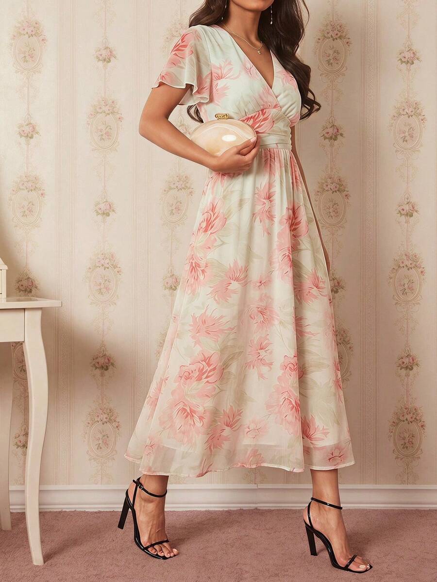 Levarali V-Neck Elegant Ruffle Hem Floral Print Waist Cinched A-Line Midi Dress, Romantic For Wedding Tea Party Mother Of The Bride Off-White Summer - Multicolor - View 1