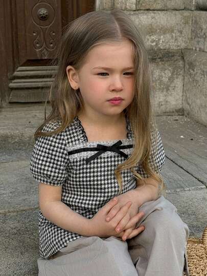 DAZY Houndstooth Short Sleeve Summer Bow Decor Young Girls Blouse