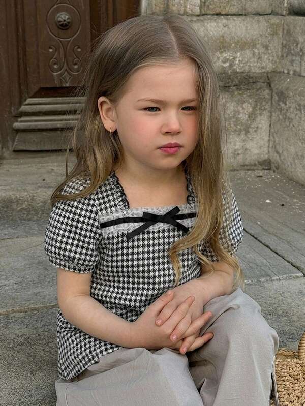 DAZY Houndstooth Short Sleeve Summer Bow Decor Young Girls Blouse