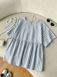 SHEIN EZwear 女款條紋圓領短袖寬鬆娃娃衫上衣 - 藍白色 - 查看 5