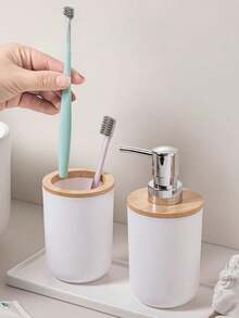 4Pcs Luxury Bathroom Accessory Set, Bamboo & Plastic Organizer With Lotion Bottle, Toothbrush Holder, Mouth Cup & Soap Dish, Ideal For Home Decor, Birthday, Housewarming & Holiday Gifts - multicolor - View 7