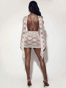 Amplova Plunging Neckline Long Sleeve Fully Sheer Sexy Elegant Ruffle Hem Bodycon Backless Mini Dress For Women Night Out Cream Autumn - Apricot - View 4
