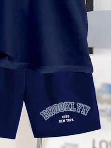 Tween Boys' Casual Minimalist Round Neck Short Sleeve Shorts 2 Pieces Set,Suitable For Summer 1989 New York,Brooklyn Text Graphic - Navy Blue - View 5