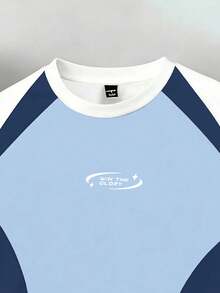 Manfinity Joysei Camiseta de manga corta con cuello redondo, estampado de letras a rayas y contraste de color para hombre - Celeste - Ver 3
