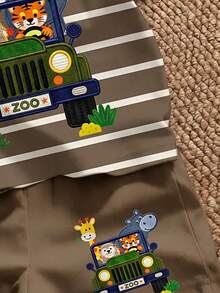 兒童小男孩休閒簡約套裝，條紋卡通動物與汽車印花T恤短褲套裝 - 彩色 - 查看 4