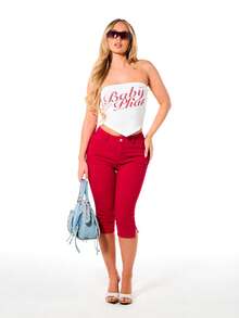 BABYPHAT Stretch Capri Jeans With Iconic Cat Logo Embroidery And Side Slit Hem Detail , Fourth Of July - Red - View 6