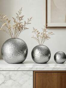 1 Pc Nordic Modern Minimalist Silver Plated Hammered Round Ball Ceramic Hydroponic Vase, Creative Desk Table Centerpiece Decor For Living Room TV Cabinet Office Home Display - 1PC - View 3