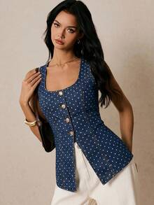 Poéselle Women's Polka Dot Single-Breasted Casual Versatile Daily Outing Denim Top, Summer Top, Elegant, Casual, Commuter, Holiday, Vacation, Versatile Top. - Blue - View 5