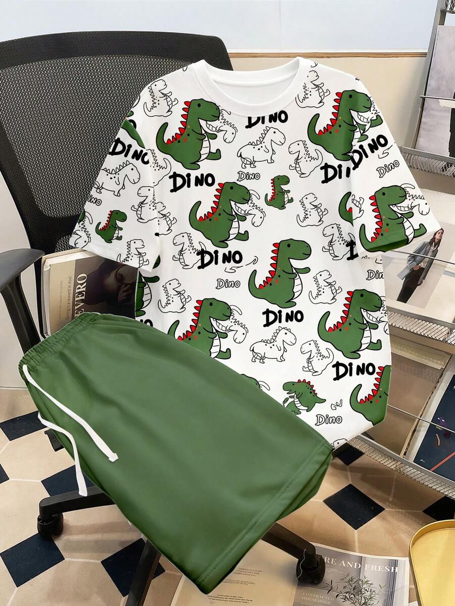 Daypath 男士卡通恐龍印花落肩上衣與短褲家居服套裝 - 綠色 - 查看 1