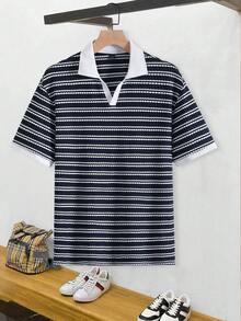 Manfinity CasualCool 男士條紋短袖商務休閒 Polo 衫，儀式場合適用 - 寶藍色 - 查看 5
