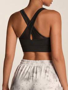 SHEIN BAE Women's Solid Color Wide Strap Minimalist Casual Sports Bra Cross Design Gym High Support - Black - View 3