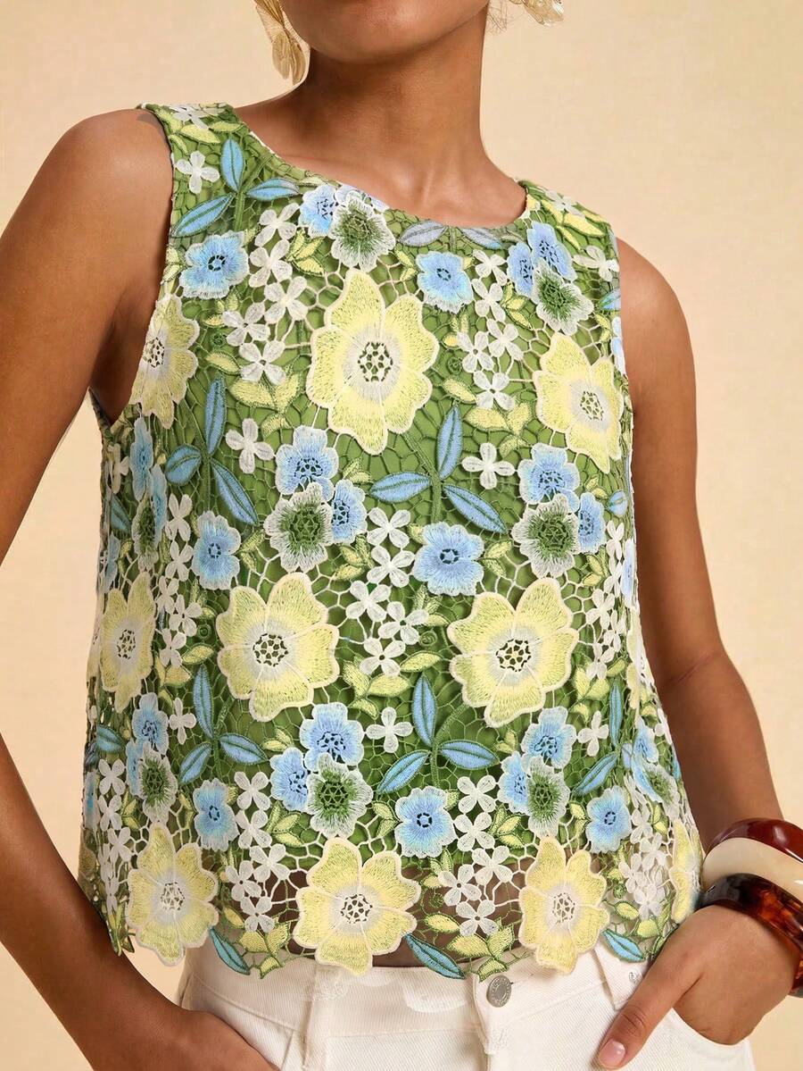 Travachic 女款花卉刺繡鏤空圓領無袖時尚上衣 - 彩色 - 查看 1