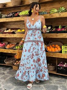 Weeklong Plus Size Women's Spring/Summer Ruffle Backless Print A-Line Casual Vacation Dress - Multicolor - View 3