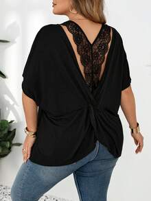 SHEIN CURVE+ Plus Size Women's Solid Color Twist Back Lace Trim Design Round Neck Short Sleeve Casual Elegant T-Shirt Going Out Black Summer - Black - View 4