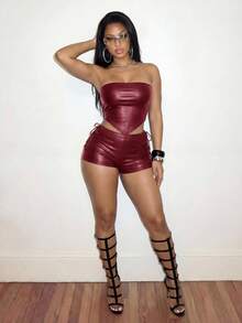 Slaydiva New Street Casual Sexy Hot Girl Y2K Burgundy PU Halter Neck Front Center Strap Top Club Party Summer - Burgundy - View 7