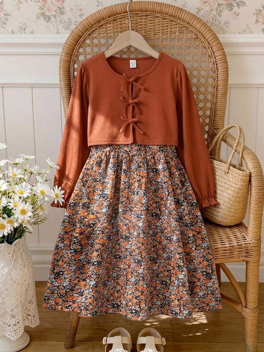 SHEIN 2pcs Girls Casual Rib Knit Cardigan Top With Bow Decoration And Simple Floral Print Camisole Dress Set, Spring/Autumn - Brown - View 1