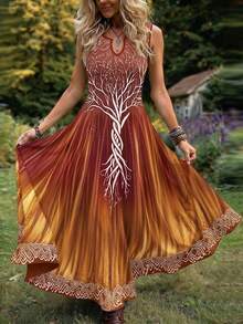 SHEIN LUNE CURVE 大尺碼女款復古生命之樹印花缺口領無袖長洋裝，寬鬆休閒波希米亞風鐵鏽紅漸層長裙，大地色系休閒優雅春夏洋裝 - 彩色 - 查看 1