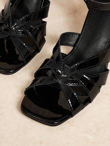 Rosivie Women's Square Toe Thick Heel PU Leather Criss-Cross Strap Design Fashionable Comfortable Daily Party Banquet Open Heel Solid Color Sandals - Patent leather, black - View 6