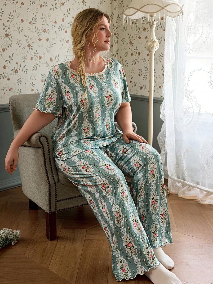 CottageSlumber Floral Print Lace Trim Short Sleeve Long Pants Plus Size Pajama Set - Green - View 1