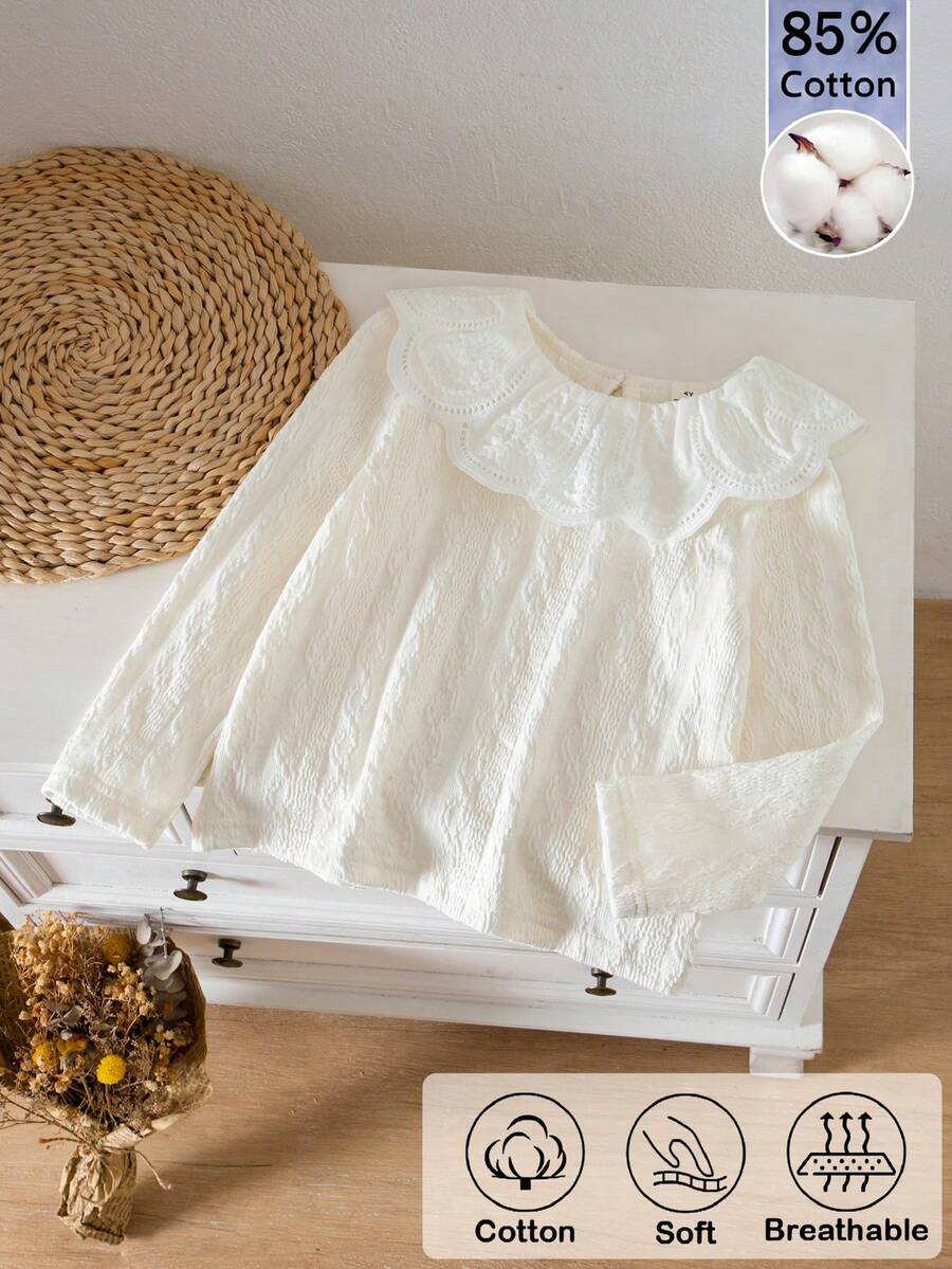 女童 T-shirt 春/秋季甜美風長袖上衣,麻花編織紋理大荷葉邊彼得潘領襯衫,百搭溫柔風格,適合日常/校園/派對穿著 - 米色 - 查看 1