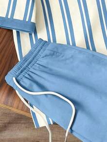 Manfinity Joysei Men's Summer Casual Striped T-Shirt And Shorts Set - Blue - View 4