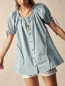 Bohemela Casual Solid Color Woven Loose Fit Women's Shirt Vacation Light Blue Summer - Blue - View 5