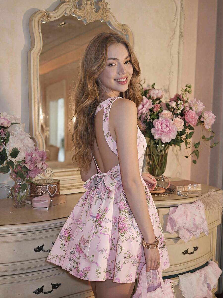 SHEIN MOD 浪漫花卉露背蝴蝶结吊带短裙 - 彩色 - 查看 1
