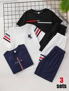 SHEIN 3套/買3送3 青少年男孩休閒拼接撞色圖案圓領寬鬆短袖T恤與短褲套裝，Y2K風格，兒童 - 彩色 - 查看 5